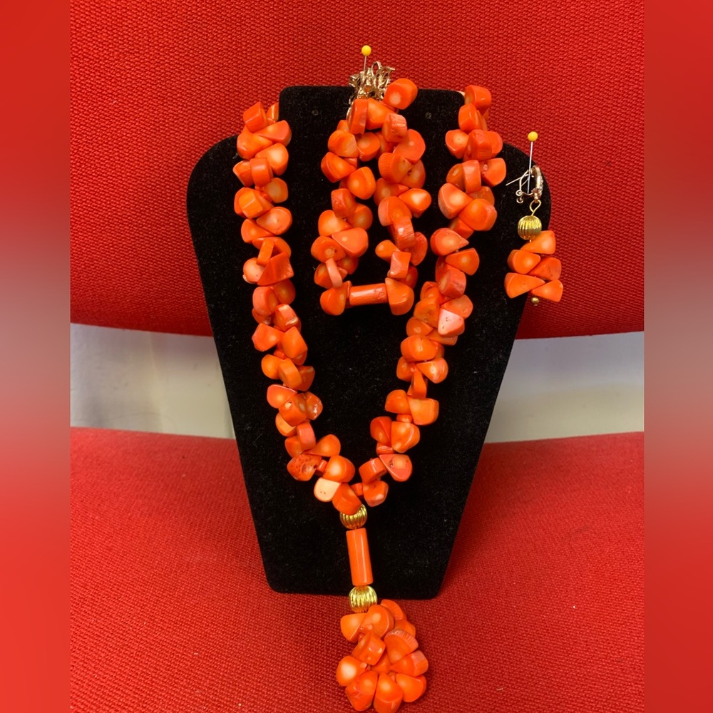 Orange Beaded Necklace and Earring Set
